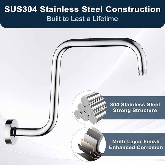 BRIGHT SHOWERS 13 Inch Shower Head Extension Arm with Flange S Shaped High Rise Extender, Long Stainless Steel Rainfall Shower Head Pipe Arm, Chrome