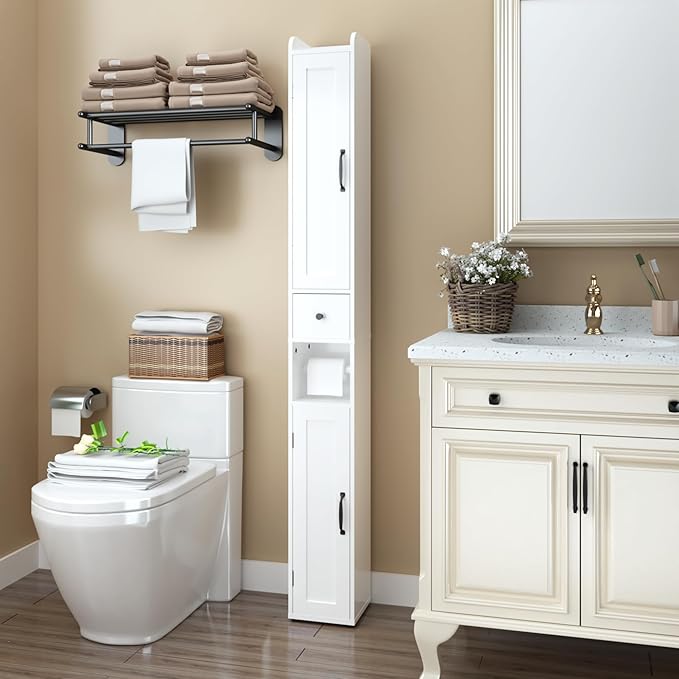 Tall Bathroom Storage Cabinet with Adjustable Shelves,66.92" H Slim 1-Door Freestanding Cabinet for Small Spaces, Bathroom,Kitchen, Living Room,White (Narrow)