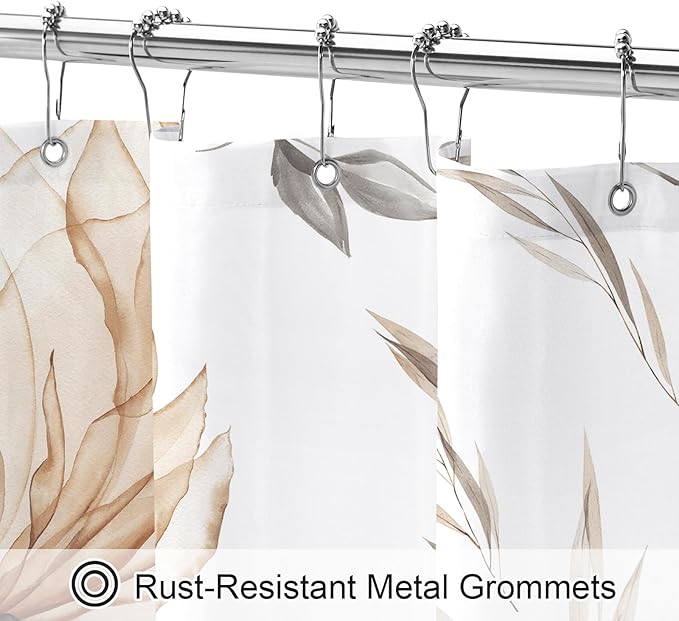 Light Brown and Grey Boho Watercolor Floral Shower Curtain, Ink Painting Style Blossom & Leaf Shower Curtains for Chic Elegant Bathroom, Artistic Tan Fabric Flower Shower Curtain, 72x72