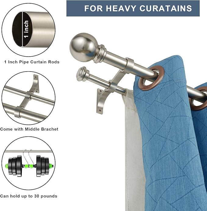 Double Curtain Rod 28 to 48 inch, Adjustable 1 inch Double Drapery Rod Rods for Windows and Doors with Ball Round Finials and Premium Aluminum Brackets Set (28-48",Brushed Nickel)
