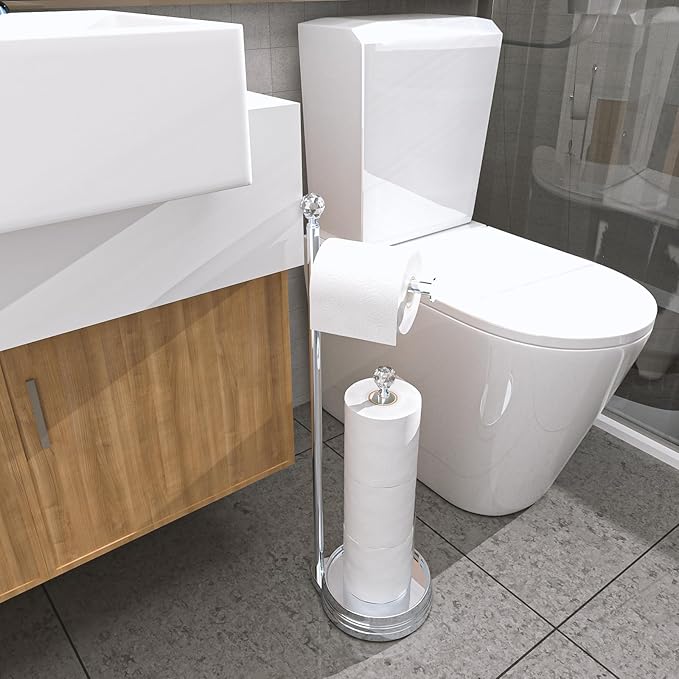 Toilet Paper Holder for Bathroom, Heavy Weighted Metal Free Standing Toilet Paper Holder Stand with Crystal Ball, Toilet Paper Roll Stand for Bathroom Accessories
