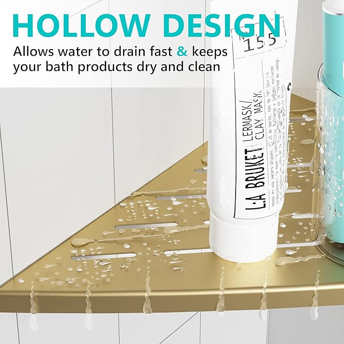 Corner Shower Shelf Brushed Golden, 304 Stainless Steel 11.5” Recessed Corner Shelf Bathroom for Tiled Wall, Floating Shower Shelves Shampoo Holder, No Drilling, 2 Pack