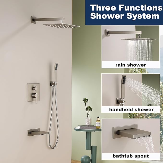 Shower System with Tub Spout, All Metal Bathtub Shower Faucet Set with High Pressure 10 Inch Rain Shower Head and Handheld Shower Head Set, Brushed Nickel (Valve Include)