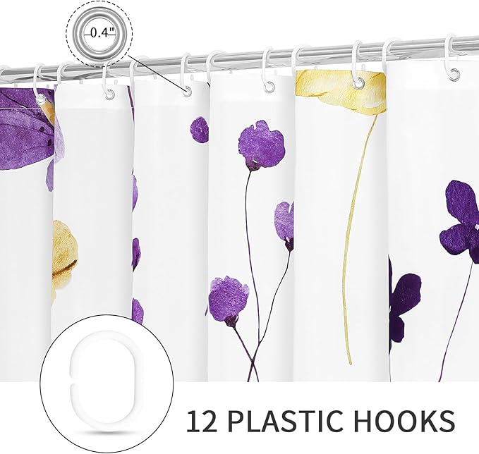 Gibelle Watercolor Floral Shower Curtain, Purple Yellow Flower Shower Curtain for Bathroom, Modern Minimalist Waterproof Fabric Shower Curtain Set 72x72 Inch