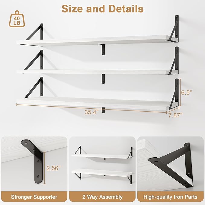 Fun Memories Floating Shelves for Wall, 36 Inches Long Set of 3 Wall Shelves for Bedroom, Floating Bookshelves with Metal Brackets for Living Room, Kitchen, Bedroom and Laundry Room (White)