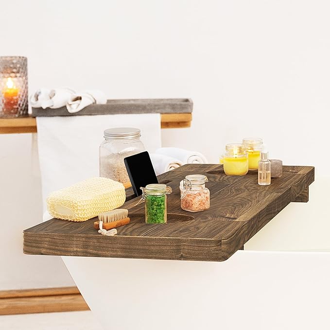 Premium Bathtub Tray, Large & Thick Bath Tub Tray, Solid Acacia Wood Bath Tray for Tub, Bathtub Tray Caddy with Adjustable Legs, Anti-Tipping, Bathtub Accessories, Fits Most Bath Tubs, Idea for Women