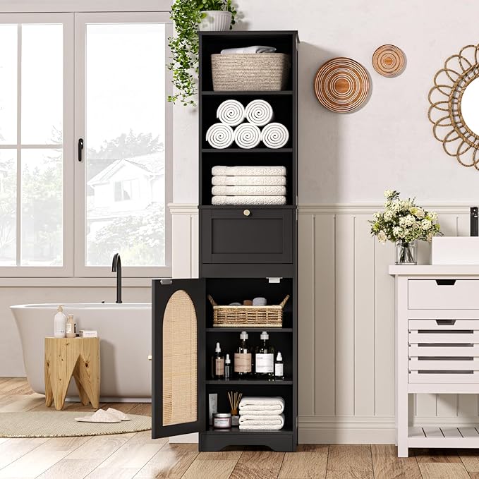 67"H Bathroom Storage Cabinet with Rattan Doors and Slide Storage, Tall Narrow Standing Tower Cabinet with Adjustable Shelves, Small Bathroom Floor Organizer for Entryway, Kitchen, Black