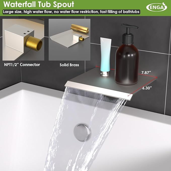 ENGA Dual Shower Head System with Tub Spout, Ceiling Mount 12 Inch Shower Head with 6 Inch Wall Mount Shower Head Shower Faucet Set, Brushed Nickel
