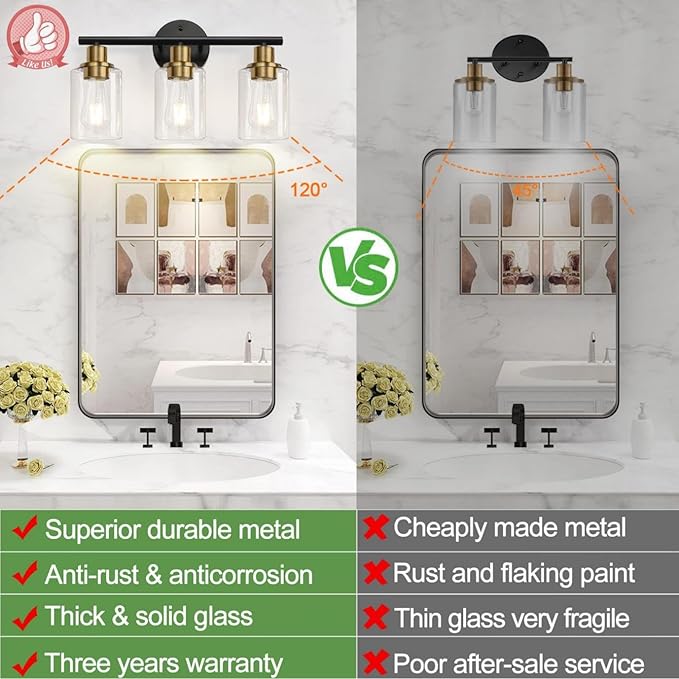3-Light Bathroom Light Fixtures, Black and Gold Bathroom Wall Lights, Modern Vanity Light with Clear Glass Shade, Bathroom Wall Lamp for Mirror Kitchen Bedroom Hallway Cabinet