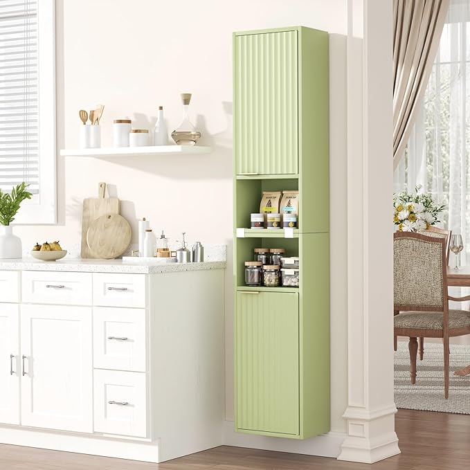 59.1" Tall Slim Bathroom Storage Cabinet Green | Freestanding or Wall Mounted Modular Cabinet, Fluted Panel Linen Tower with Adjustable Shelves for Small Spaces