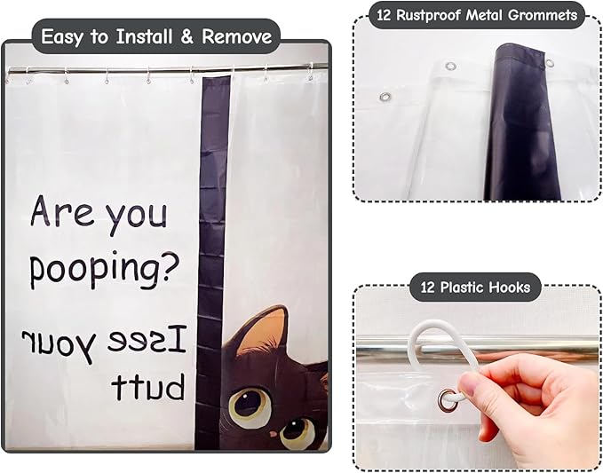 Clear Cute Funny Black Cat Shower Curtain Liner, Are You Pooping Shower Curtain, Fun Anime Cat Shower Curtains for Bathroom, 72x78 Plastic Cool Summer Shower Curtain Set with Weighted Magnets 12 Hooks