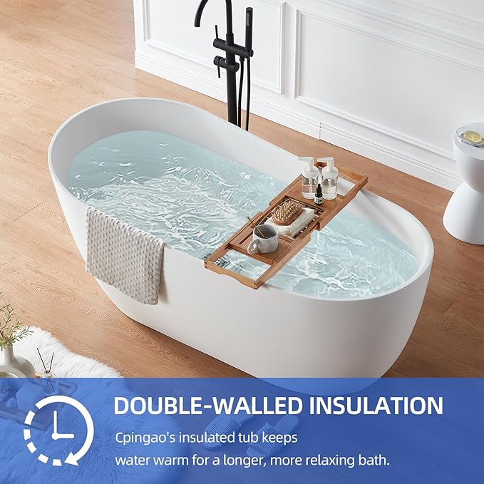 Cpingao 59" Solid Surface Freestanding Bathtub, Contemporary Oval Stone Resin Stand Alone Soaking Tub with Overflow and Pop Up Drain, One-Piece Molding Matte White 8828-1500