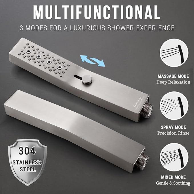G-Promise 14 Inches Shower faucet Sets Complete, All Metal Rainfall Shower Head and Handle Set, Extended Downward Diverter, Extension Arm Pressure Balance Rough-in Valve and Tub Spout Included