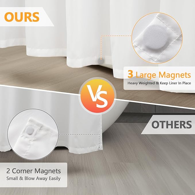 Waterproof Fabric Short Shower Curtain Liner with 3 Large Magnets, 72 x 66 inch Washable Cloth Shower Liner Neutral White, 66'' Length Bathroom Lightweight Shower Curtain