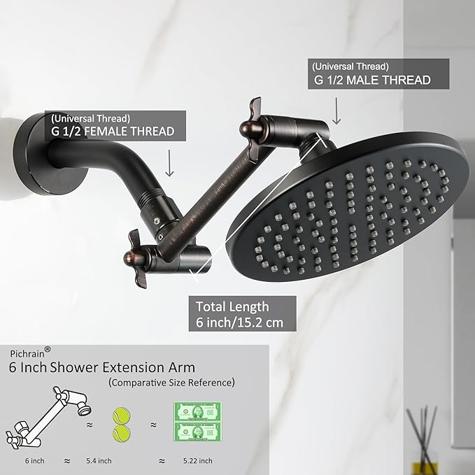 6 Inch Adjustable Shower Head Extension Arm, All-Metal Shower Arm Extender with Locking Set Screw for Rainfall, Fixed, Handheld Showerheads, G1/2 Universal Thread, Oil Rubbed Bronze