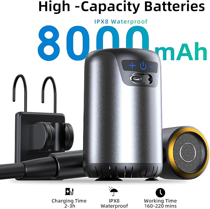 Portable Shower for Camping,8000mAh Rechargeable Camping Shower with 10 Spray Modes,Fahrenheit Display, IPX8 Waterproof Outdoor Camp Pump for Hiking, Travel, Car, Pet, Plants,Surf & Boat Cleaning
