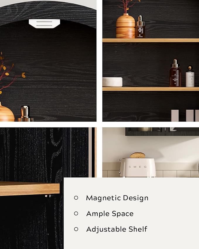 Small Arched Bathroom Wall Cabinet Modern Wooden Medicine Cabinet with Acrylic Doors Farmhouse Wall Mounted Cupboard Storage Organizer for Laundry Room, Dining Room, Black