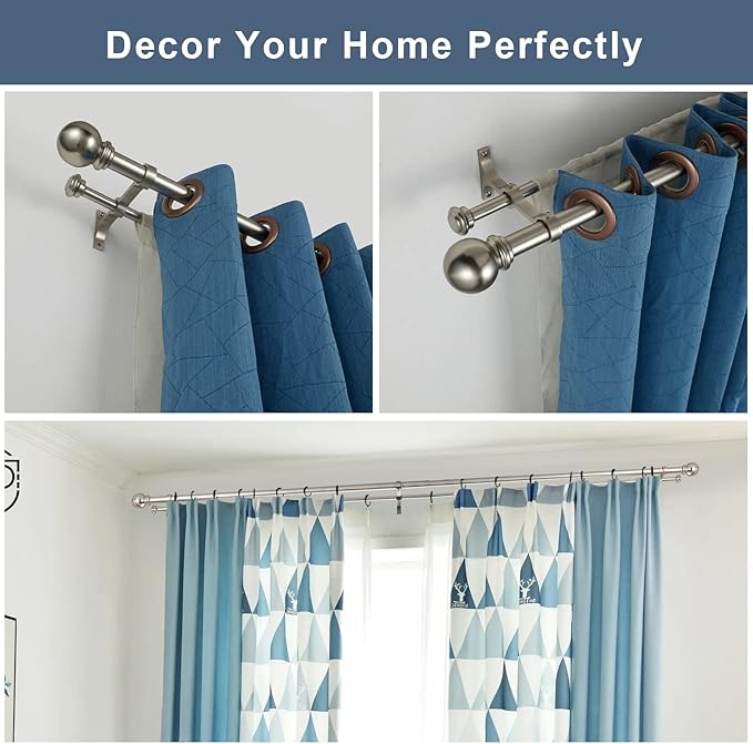 Double Curtain Rod 48 to 84 inch, Adjustable 1 inch Double Drapery Rod Rods for Windows and Doors with Ball Round Finials and Premium Aluminum Brackets Set(48-84",Brushed Nickel)
