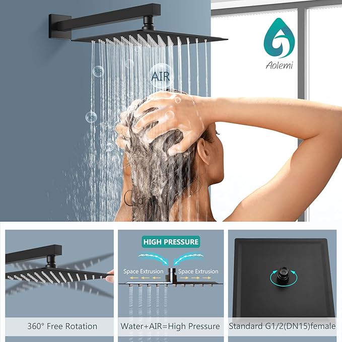 Aolemi Shower Faucet Set, High Pressure Shower System with 2-in-1 Handheld Sprayer, Wall Mount Fixture Combo with Rough-in Valve, 16 Inch Shower Head, Matte Black
