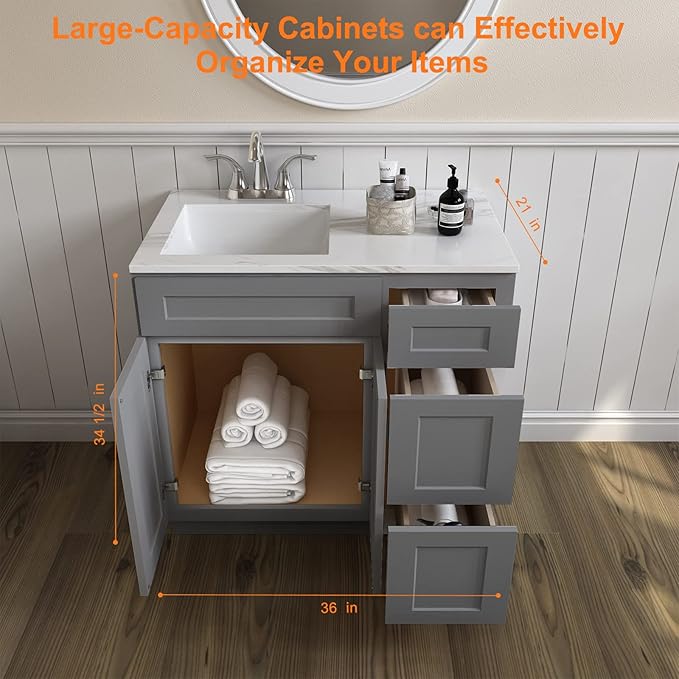 ROOMTEC Bathroom Cabinet, 36'' Free Standing Bathroom Vanity with 3 Right Drawers and 1 Door,Soft-Close Drawer Slides Morden Bathroom Sink Vanity Storage Cabinet, Shaker Gray