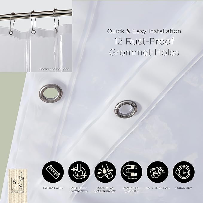 Stitch & Stone Shower Curtain Liner, Premium Medium Weight Durable Waterproof 6g PEVA for Bathroom with Weighted Magnets, Extra Long 72" x 78", Clear 1 Pack