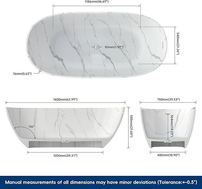 63 '' Stone Resin Freestanding Bathtub, Elegant Oval Shape Soaking Tub, Solid Surface Stand Alone Bathtub with Drain & Without overflow outlet Terrazzo Beige
