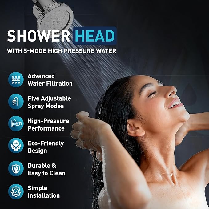 Mist Shower Filter Head for Hard Water Improves Skin, Hair, and Nails - 5 Modes High Output Filtered Shower Head with Filter Softens Water and Removes Chlorine and Heavy Metals, Matte Black