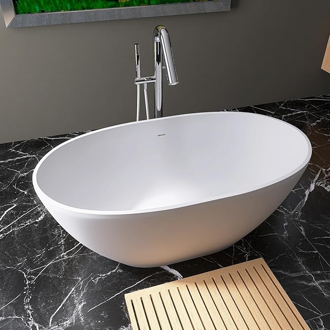 55'' Resin Stone Soaking Bathtub Freestanding Bathtub Solid Surface Modern Tubs with Overflow and Pop-up Drain in White…