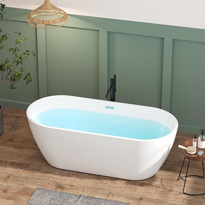 FerdY 67" Bali Elite Acrylic Freestanding Bathtub, Gracefully Shaped Freestanding Soaking Bathtub, Toe-Tap Brushed Nickel Drain and Minimalist Linear Design Overflow Included, cUPC Certified