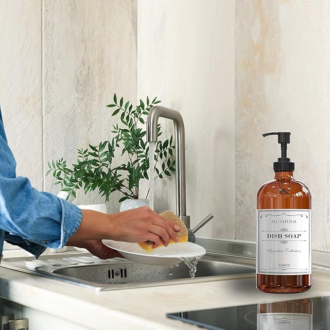 16 OZ Amber Glass Soap Dispenser with Pump, Hand and Dish Soap Dispenser Set for Bathroom with 12 Waterproof Labels, Pack 4