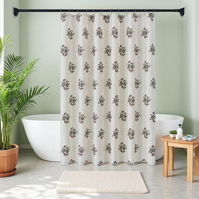 ORTIGIA Linen Green Shower Curtains for Bathroom Neutral Farmhouse Block Print Shower Curtain Set with Metal Hooks Waterproof Aesthetic Retro Fabric Bath Curtain for Home, Weighted, 72x72