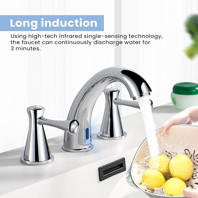 Touchless Bathroom Faucet for 3 Holes with 3 Handles, Controlling Temperature & Adjustable Water Flow, Short & Long Induction Modes, Auto Motion Sensor Chromed Bathroom Faucet Set 29180