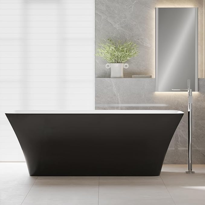 67" Acrylic Freestanding Bathtub - Glossy Black Rectangle Soaking Tub with Chrome Overflow & Drain Kit, CUPC Certified