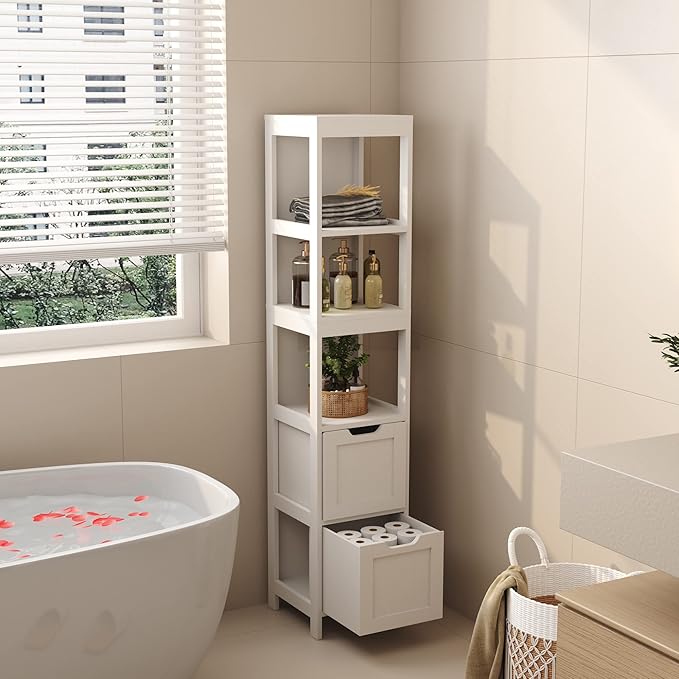 HOMEFORT Bathroom Storage Cabinet, Slim Tall Cabinet, Narrow Floor Cabinet Organizer, Wooden Linen Tower with 2 Drawers and 3 Shelves, Freestanding Cupboard White