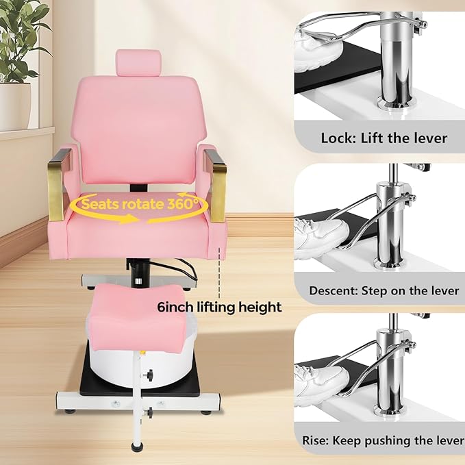 Reclining Pedicure Chair with Stool, Pedicure Station with Foot Massage Basin 360° Swivel Pedicure Chair Hydraulic Adjustable Height for Foot Spa Unit Station Pink