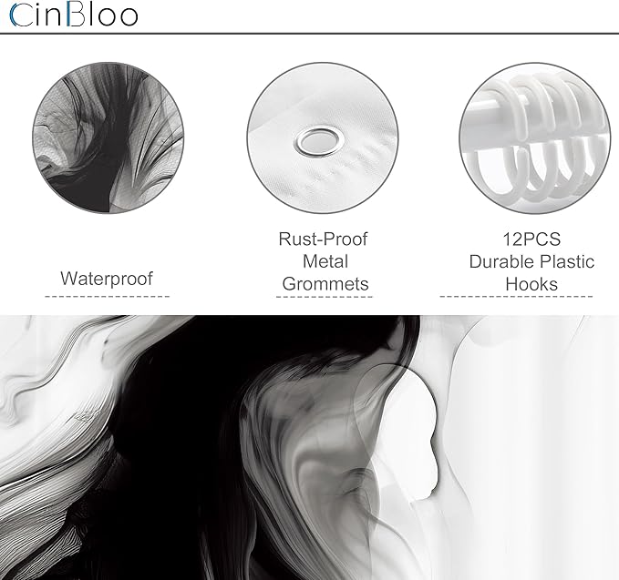 Cinbloo Black and White 72Wx78H Shower Curtain Abstract Modern Ombre Grey Minimalist Marble Elegant Ink Texture Neutral Simple Aesthetic Bathroom Curtain Set Man Bath Bathroom Accessories Decor