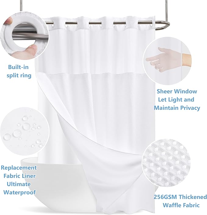 No Hook Waffle Weave Shower Curtain Set with Snap-in Fabric Liner and Mesh Top Window,256GSM Heavy Duty Fabric,White Washable Luxury Shower Curtain for Bathroom Stalls (72x75 Inch)