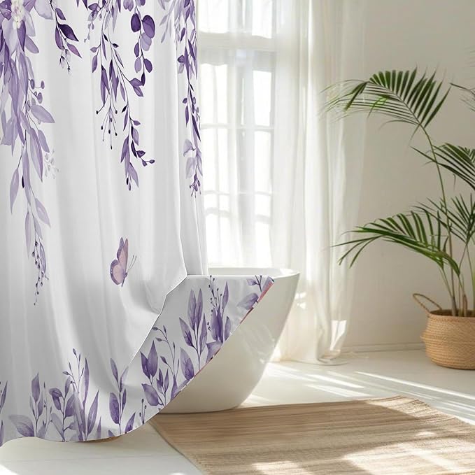 No Hook Shower Curtain and Liner Set, Light Purple Eucalyptus Floral Shower Curtains for Bathroom, Bath Curtain Sets with Snap in Liner, Waterproof with See Through Top Window, 71x77 Inches