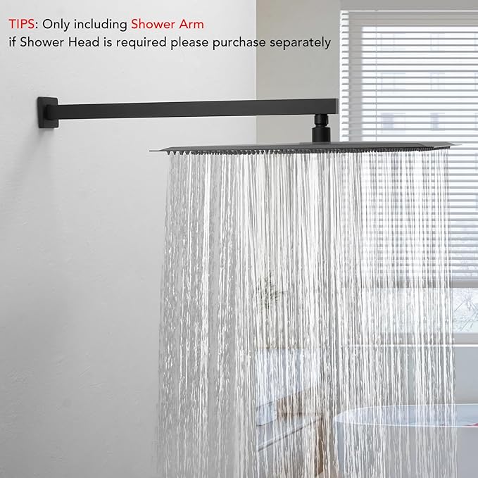 BESy 20 Inches Straight Extended Shower Arm With Flange, Rain Shower Head Extension Arms, Square Rod Head Extender Shower Pipe Extension, Wall-Mounted Matte Black Stainless Steel