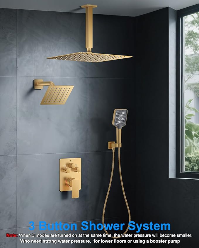Shower System with Pressure Balance Valve, 12" Ceiling Mount Shower Faucet Set with 2 Rain Shower Head And Multi-function Handheld Head Push Button Diverter Pressure Balancing Valve Kit, Brushed Gold