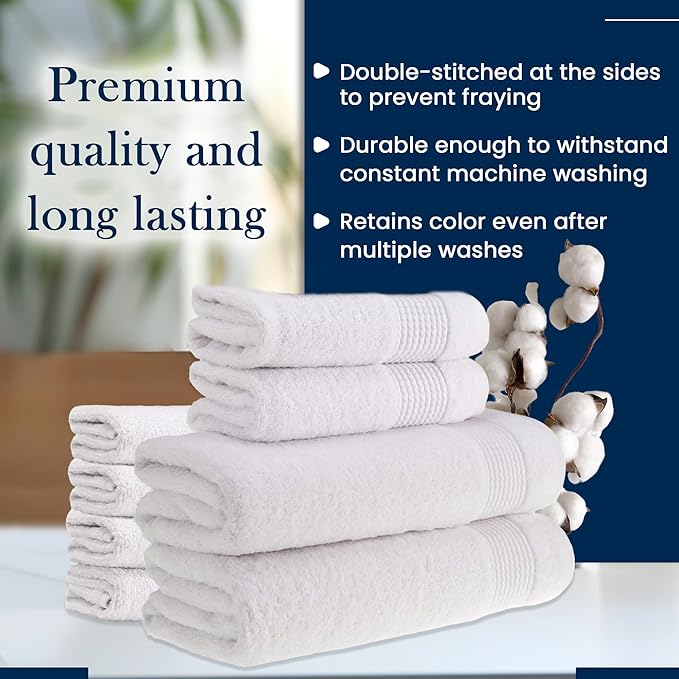 HALLEY Turkish Cotton Towels (Set of 8) 2 Bath Towels 2 Hand Towels 4 Washcloths, Super Soft Highly Absorbent 100% Cotton Towels for Bathroom and Kitchen for Mother’s Day (White)