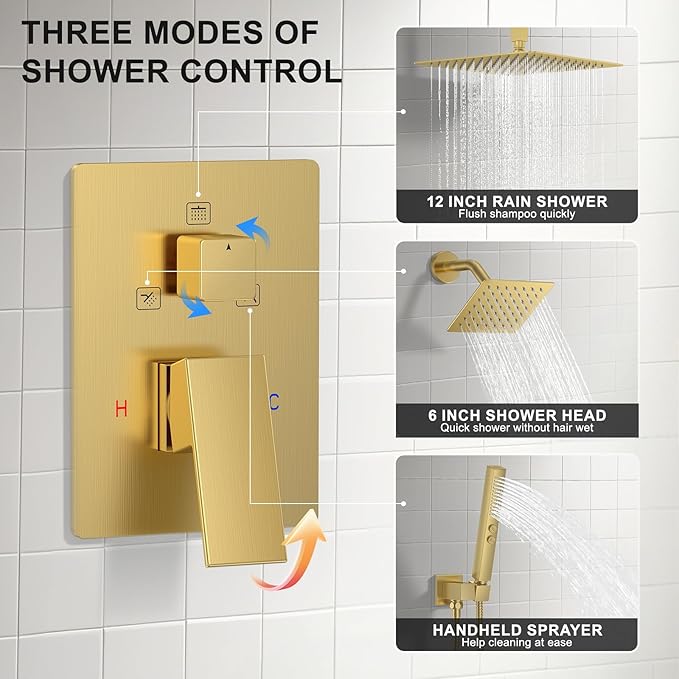 Shower Faucet Set, Ceiling Mount Rainfall Shower Head System 12" + 6" Dual Rain Shower Head Sets with 2 in 1 Handheld Spray for Bathroom with Rough-in Valve and Shower Trim Kit, Brushed Gold