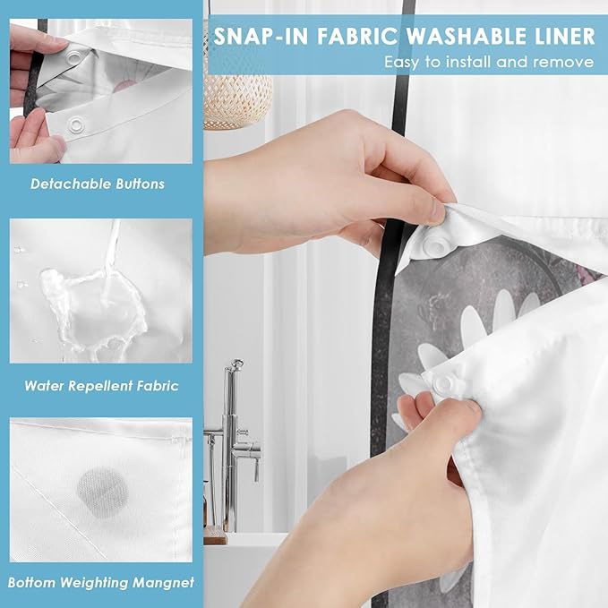 No Hook Pink White Daisy Butterfly Shower Curtain with Snap in Fabric Liner Set, Grey Farmhouse Double Layers Waterproof Fabric with See Through Top Window Open Grommet Bath Curtain 71x86 Inch