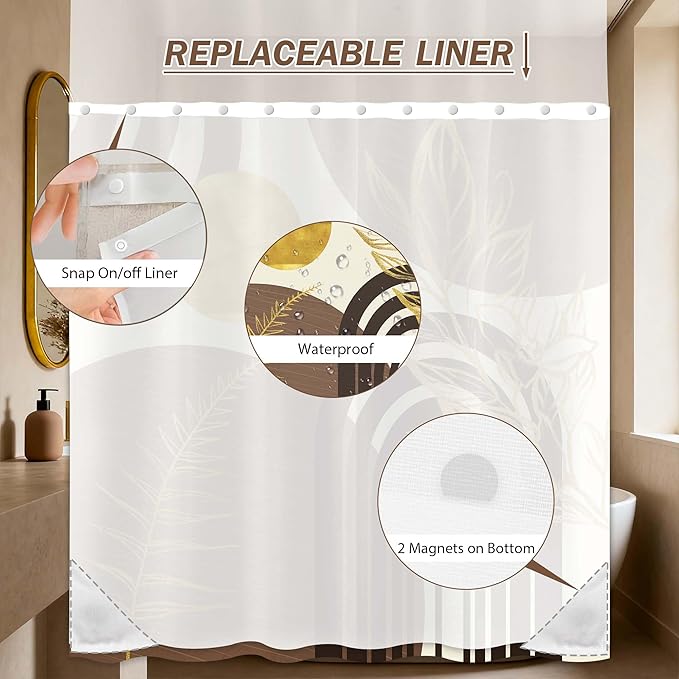 Black and Brown Bohemian See Through Mesh Top Shower Curtain with Window, Dark Tan Mens Double Layer Shower Curtains with Snap in Liner with Magnets, Waterproof Fabric with Hooks, 71x72 in