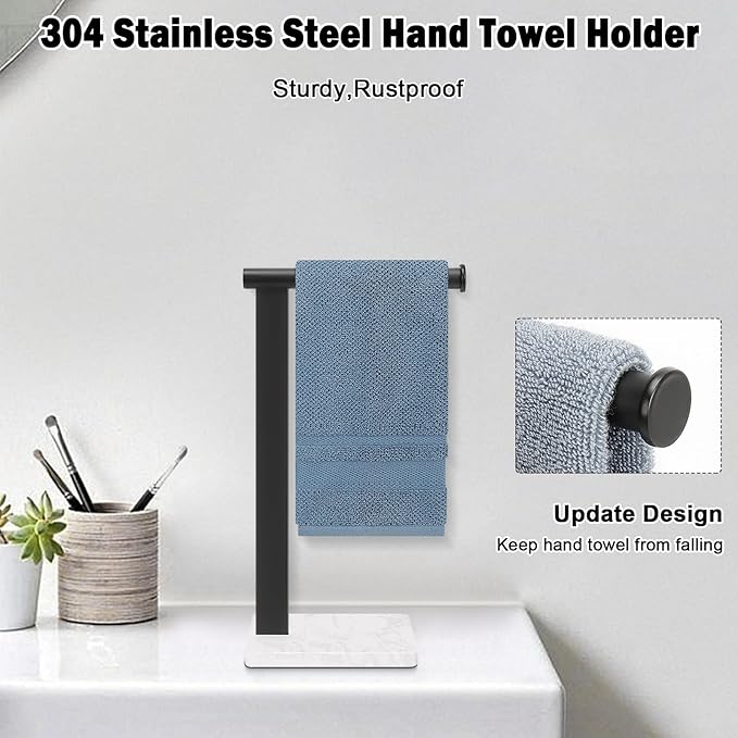 Stainless Steel L-Shaped Hand Towel Holder, SUS304 Bathroom Towel Rack with Thickened Base for Countertop Vanity (Matte Black, Square Base)
