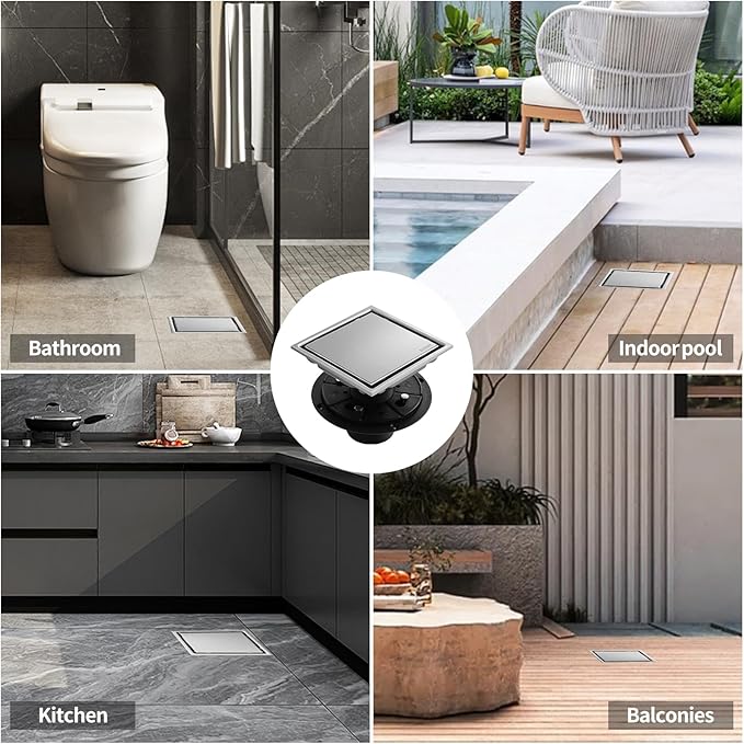 Hidden Brushed Square Shower Floor Drain, Silver 6 inch, 304 Stainless Steel, with Flange, Detachable Cover Embedded with Ceramic Tiles