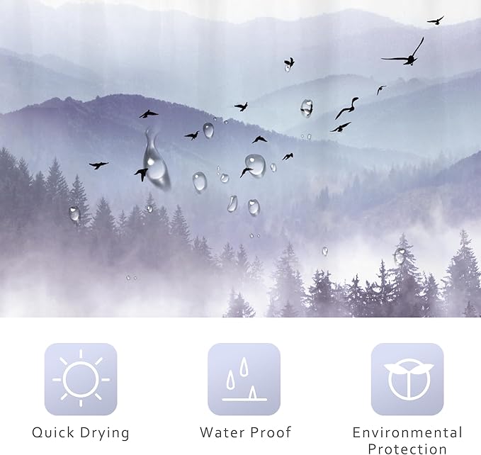 Riyidecor Purple Shower Curtain，Mountain Shower Curtains for Bathroom Nature Woodland Scenery Landscape Rustic Pine Tree View for Mens Natural Fabric Polyester Waterproof 12 Pack Hooks 60Wx72H Inch