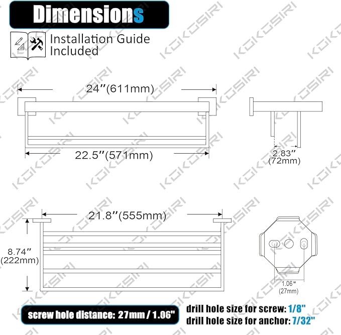 KOKOSIRI Matte Black Towel Rack 24'' Bathroom Towel Shelf with Double Towel Bars SUS304 Stainless Steel Wall Mounted, B6003BK