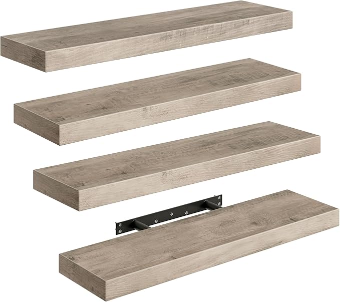 Floating Shelves for Wall, 1.5" Thick Wall Shelf Set of 4 with Invisible Brackets, 23.6L x 7.9W Hanging Shelves Farmhouse Home Decor for Bathroom, Living Room, Bedroom, Greige 6301BJP4BG