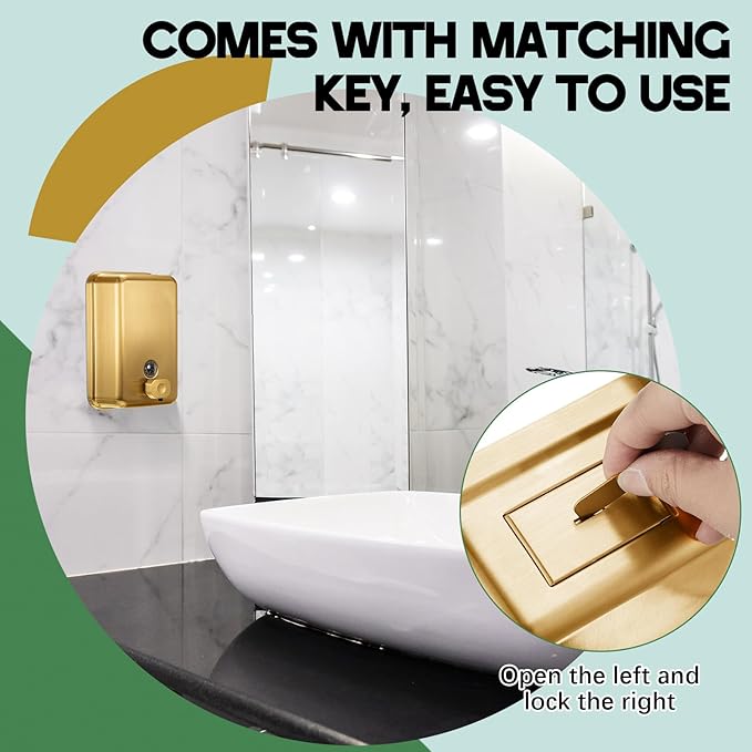 Maxdot 2 Pcs 37 oz/1100 ml Commercial Stainless Steel Soap Dispenser Wall Mount with Corrosion Proof Lining and Manual Anti Leak Pump for Home Bathroom Accessories Kitchen (Gold)